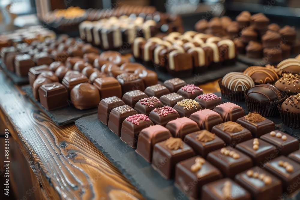 Obraz premium A table filled with assorted chocolates in various shapes, including hearts, stars, and squares
