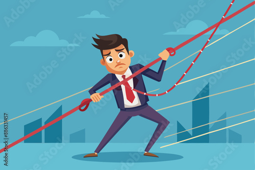 Tangled in Business Problems: Frustrated Businessman Struggling with Messy Rope Complications and Difficulties