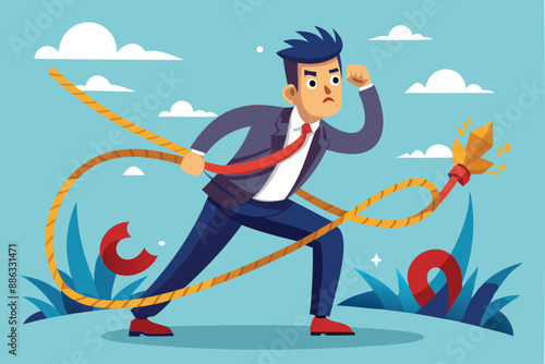 Tangled in Business Problems: Frustrated Businessman Struggling with Messy Rope Complications and Difficulties