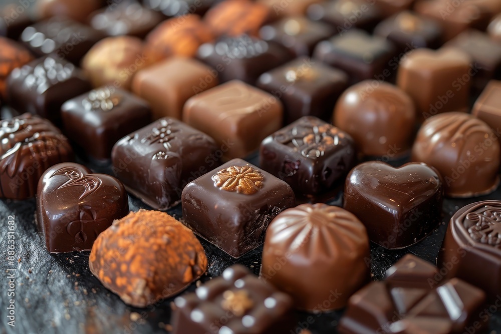 A table filled with assorted chocolates in various shapes, including hearts, stars, and squares A table filled with assorted chocolates in various shapes, including hearts, stars, and squares
