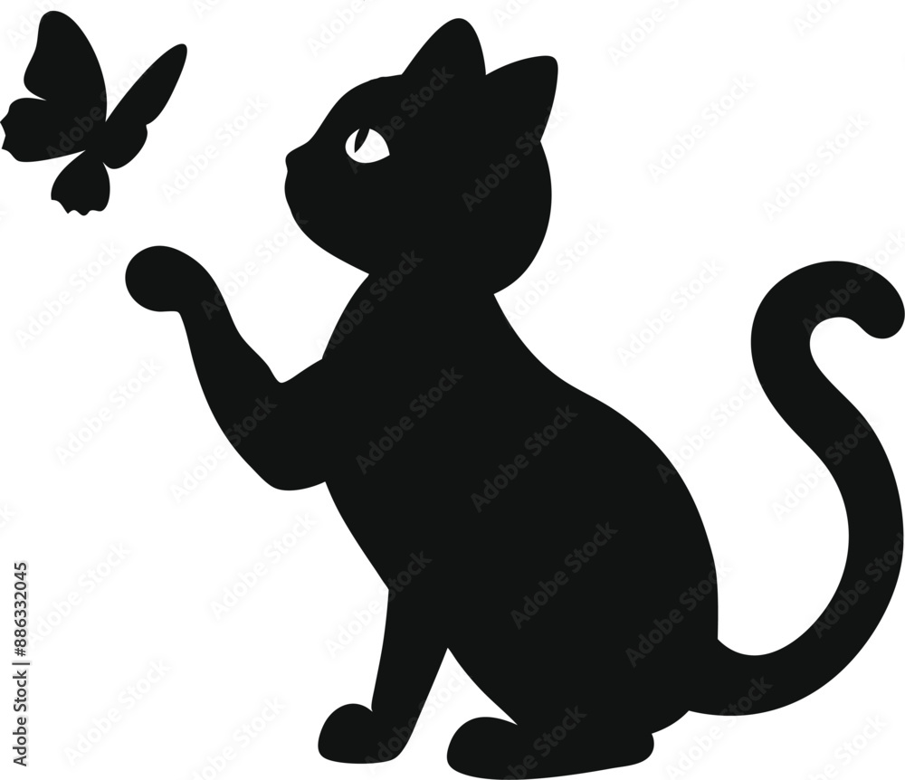 Silhouette of a cat playing with a butterfly, design element isolated on a white background. Vector illustration. Silhouette of a cat playing with a butterfly, design element isolated on a white background. Vector illustration.