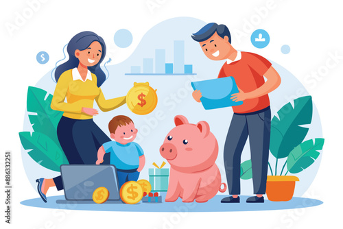 Smart parents planning child care expenses with baby piggybank and teether, budgeting savings for new family member