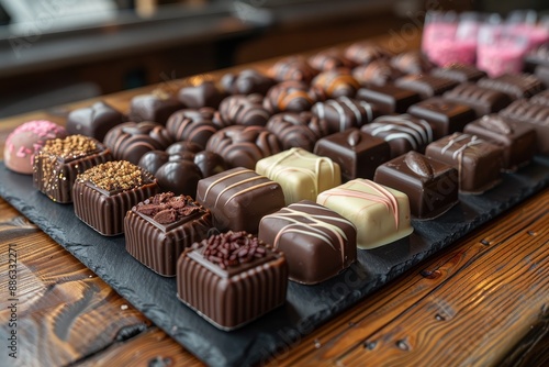 A table filled with assorted chocolates in various shapes, including hearts, stars, and squares