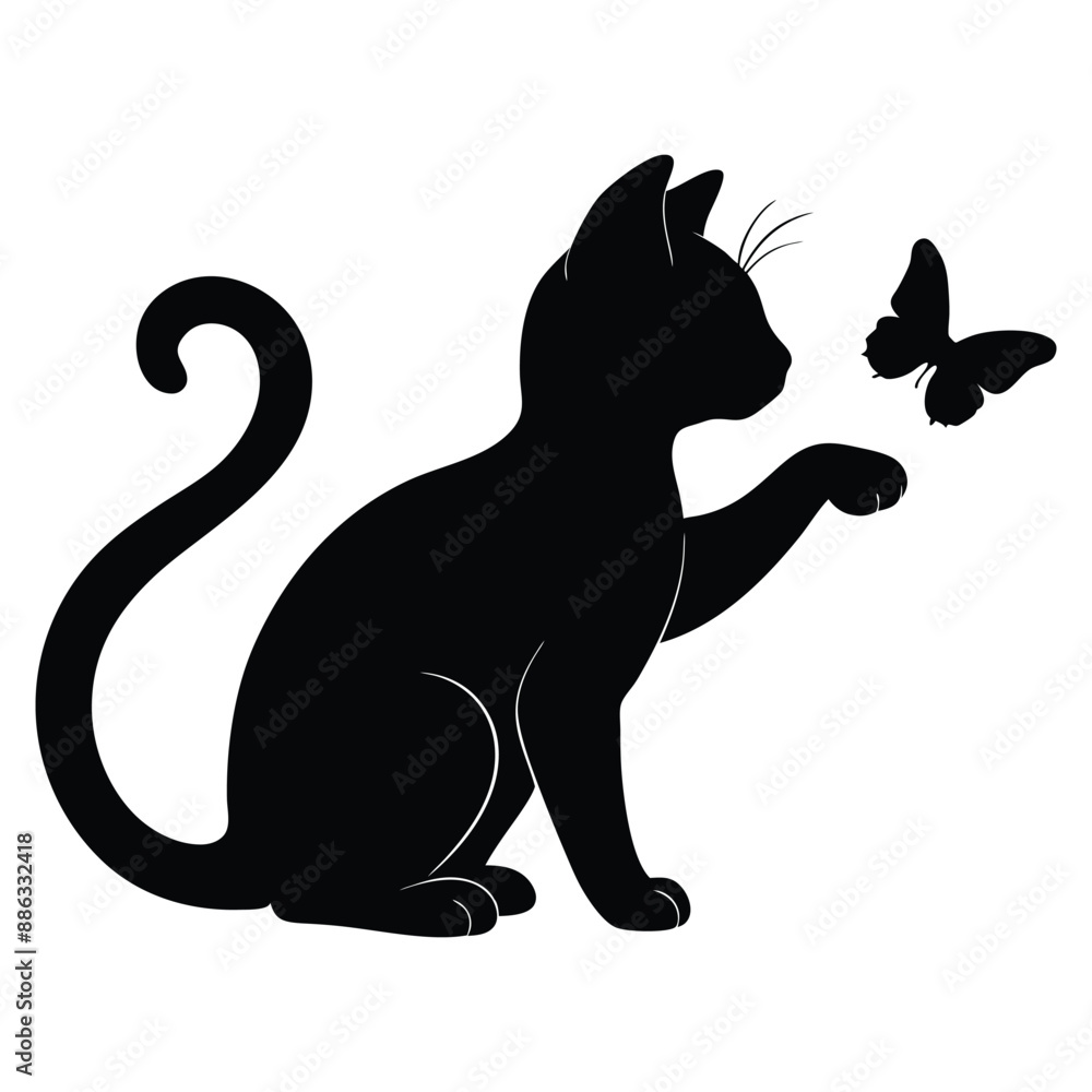 Silhouette of a cat playing with a butterfly, design element isolated on a white background. Vector illustration. Silhouette of a cat playing with a butterfly, design element isolated on a white background. Vector illustration.