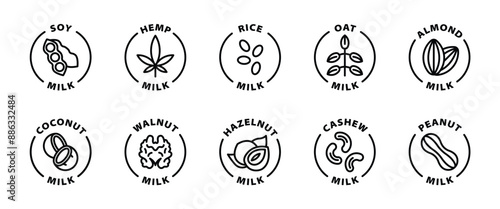 soy hemp rice oat almond coconut walnut hazelnut cashew peanut milk black outline icon label isolated on transparent background
