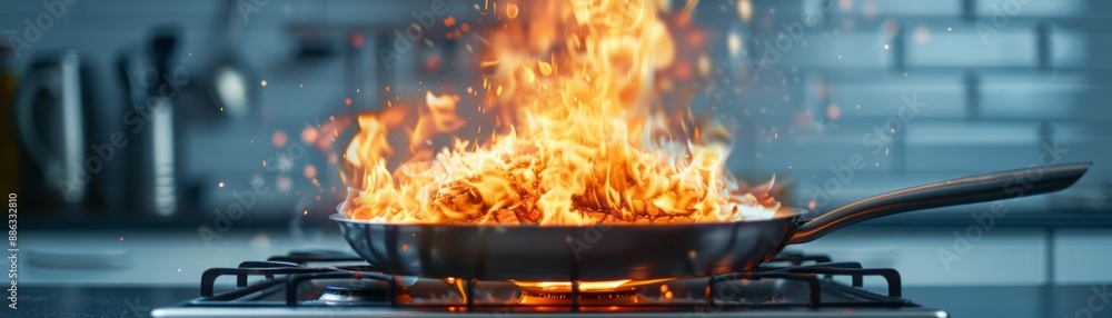Fototapeta premium A fiery kitchen accident with flames engulfing a pan on the stove.