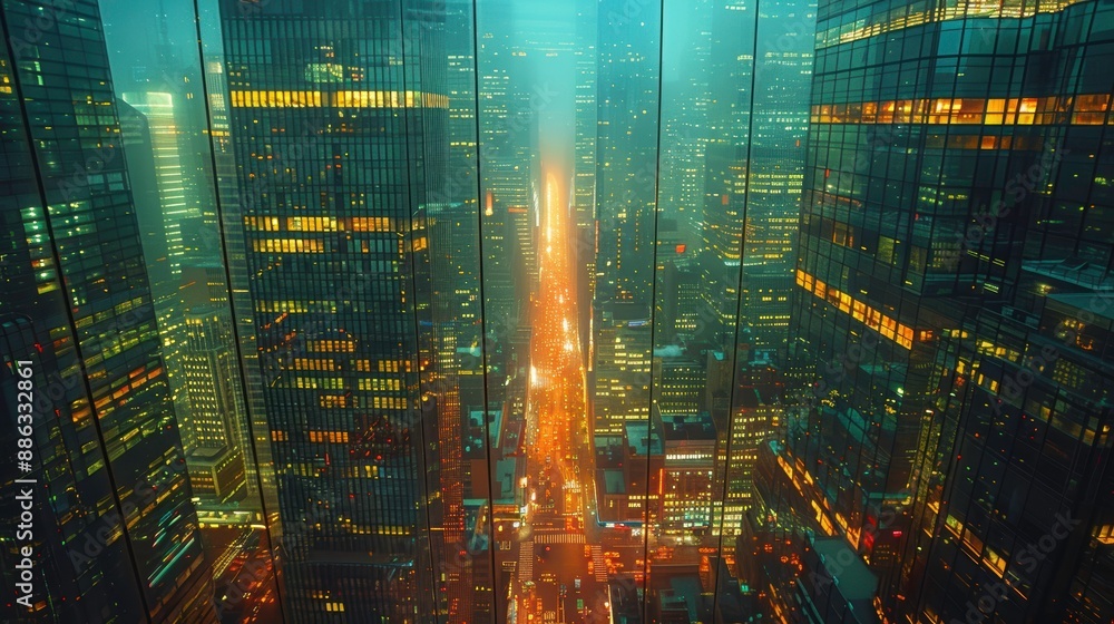 Obraz premium A stunning aerial view of a foggy cityscape at night, with illuminated skyscrapers and a central road bustling with car lights.