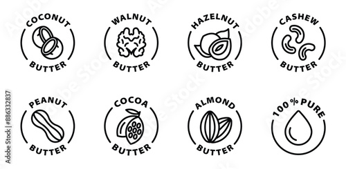 vegan butter icon set coconut walnut hazelnut cashew peanut cocoa almond butter pure black outline icon round rounded circle badge stamp label isolated on transparent background