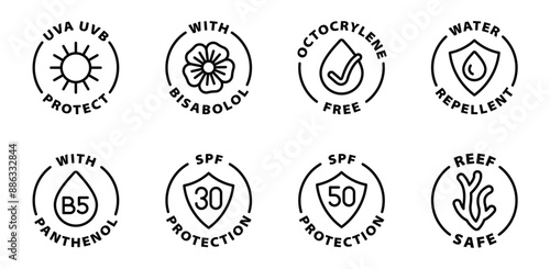 sun protection icon set uva uvb spf black outline icon round rounded circle badge stamp label isolated on transparent background