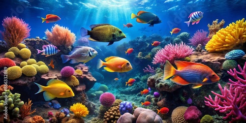 Underwater aquarium scene of colorful tropical fish swimming among vibrant sea coral reef , ocean, nature, water, animal