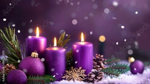 Festive decorations with glowing candles in purple setup photo