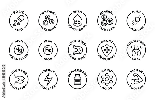 nutritional supplement vitamin mineral probiotics black outline icon round rounded circle badge stamp label isolated on transparent background