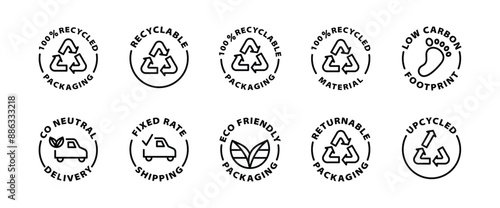 recycling recycled recyclable returnable packaging upcycled fixed rate shipping black outline icon round rounded circle badge stamp label isolated on transparent background