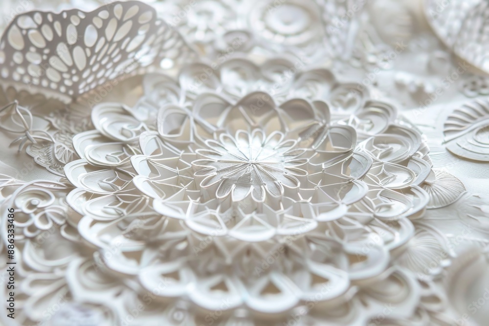 Detailed view of a white paper flower showing delicate intricate patterns, Delicate, intricately detailed white patterns overlaying each other Detailed view of a white paper flower showing delicate intricate patterns, Delicate, intricately detailed white patterns overlaying each other