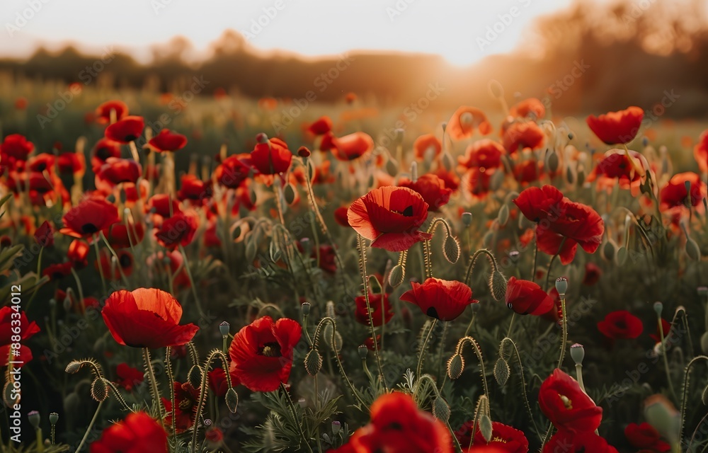 Obraz premium Poppy Field Sunset Golden Hour Bokeh