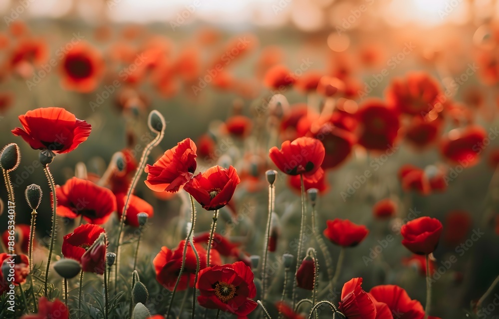 Fototapeta premium Poppy Field at Golden Hour with Bokeh