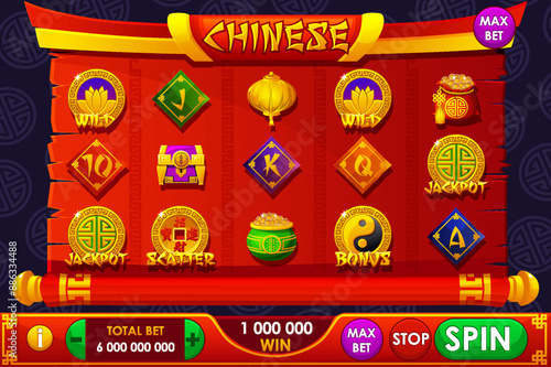 Complete UI for slots games. Chinese-themed Casino Game. Set of 12 Slot symbols. The game user interface is cartoon-style with basic buttons for your designs