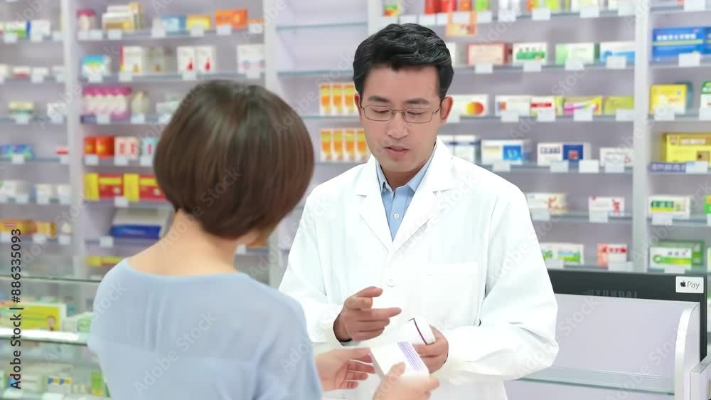 Cheerful Pharmacist Smiling Presenting and Recommending Medical Pills in blister in a Pharmacy Store Drug Cheerful Pharmacist Smiling Presenting and Recommending Medical Pills in blister in a Pharmacy Store Drug