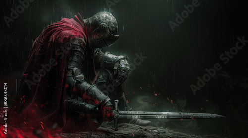 a knight in a red cloak is kneeling, holding a sword with one hand and looking down, the knight's armor is damaged, dark foggy background, dark picture