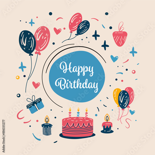 Lovely birthday greeting cards with cakes on colored background. Hand drawn vector illustration