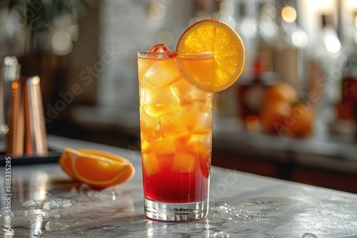 A tequila sunrise cocktail in a tall glass, with grenadine creating a gradient effect, topped with an orange slice.