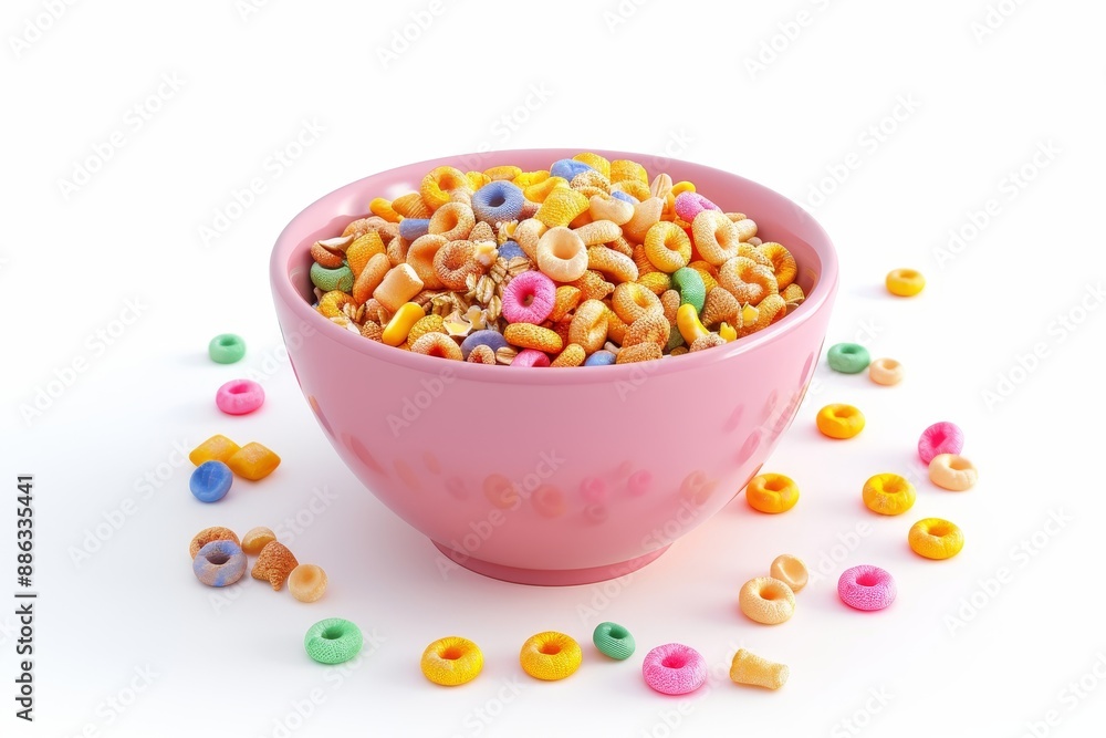 Colorful 3D Illustration of a Bowl of Cereal with Milk, Breakfast Element, Vibrant Colors on White Background Colorful 3D Illustration of a Bowl of Cereal with Milk, Breakfast Element, Vibrant Colors on White Background