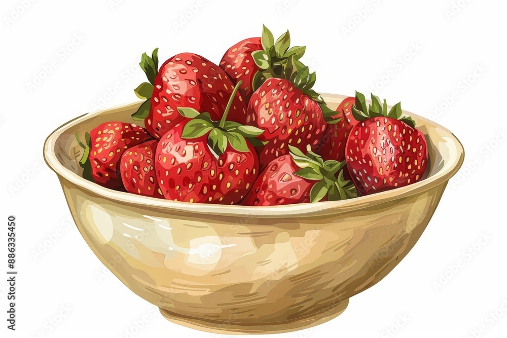Vibrant Realistic Drawing of Rich Red Strawberries in a Bowl on White Background Vibrant Realistic Drawing of Rich Red Strawberries in a Bowl on White Background
