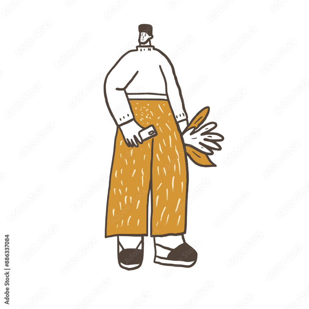 Autumn park walking person. Character with fall red leaves. Vector hand drawn doodle illustration isolated on white background. Autumn park walking person. Character with fall red leaves. Vector hand drawn doodle illustration isolated on white background.