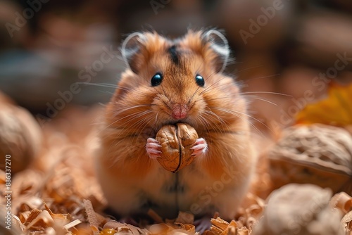 A tiny hamster holding a walnut in its paws, sitting on a soft bed of wood shavings. The hamster's cheeks are puffed up with food  photo