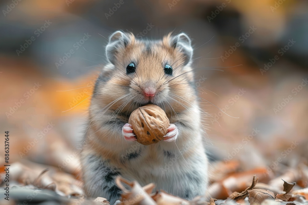 A tiny hamster holding a walnut in its paws, sitting on a soft bed of wood shavings. The hamster's cheeks are puffed up with food A tiny hamster holding a walnut in its paws, sitting on a soft bed of wood shavings. The hamster's cheeks are puffed up with food