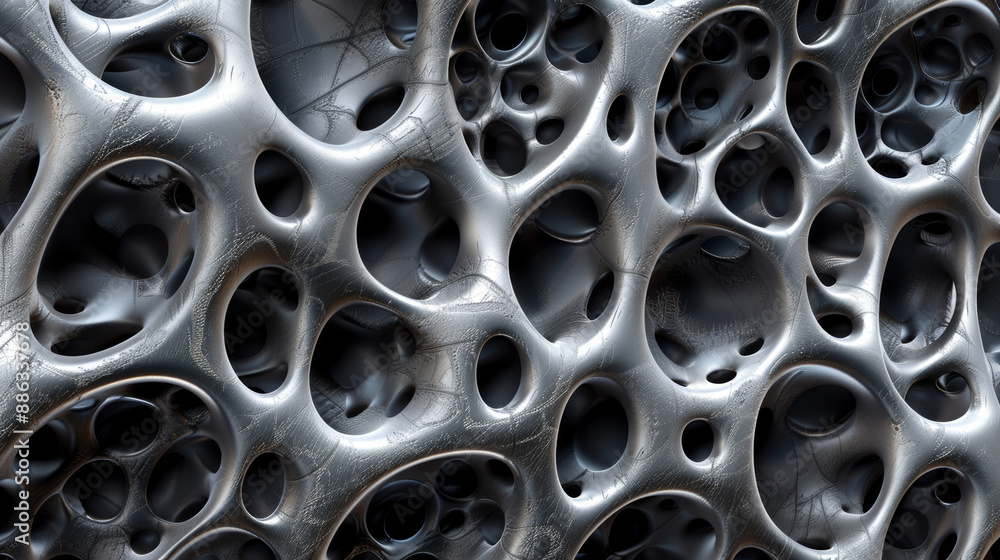 An abstract organic pattern consisting of various interlocking round and oval shapes in metallic gray and silver tones. Cellular design creates a sense of depth and texture. An abstract organic pattern consisting of various interlocking round and oval shapes in metallic gray and silver tones. Cellular design creates a sense of depth and texture.