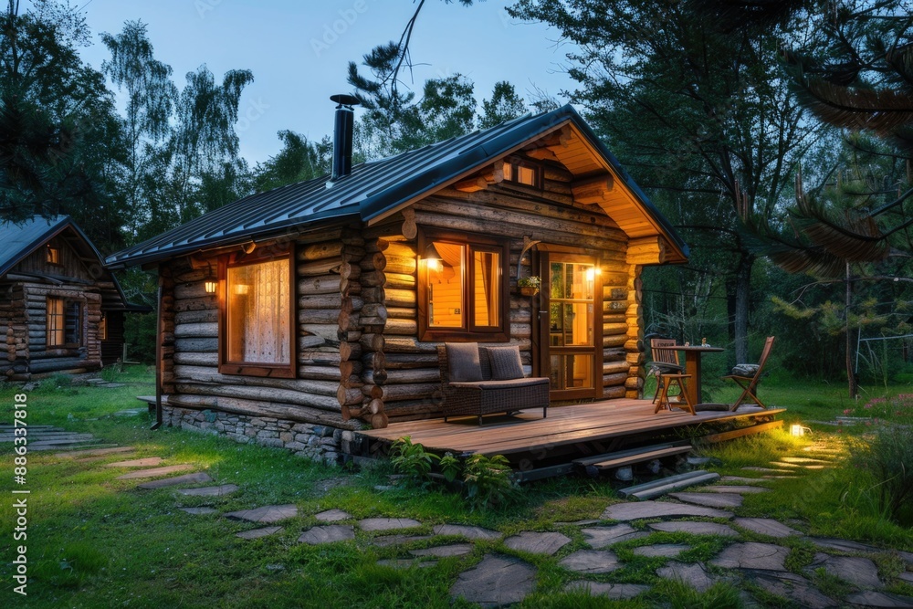 Cabin House. Tiny Wooden Bungalow in Cozy Exterior Design amid Fields Cabin House. Tiny Wooden Bungalow in Cozy Exterior Design amid Fields
