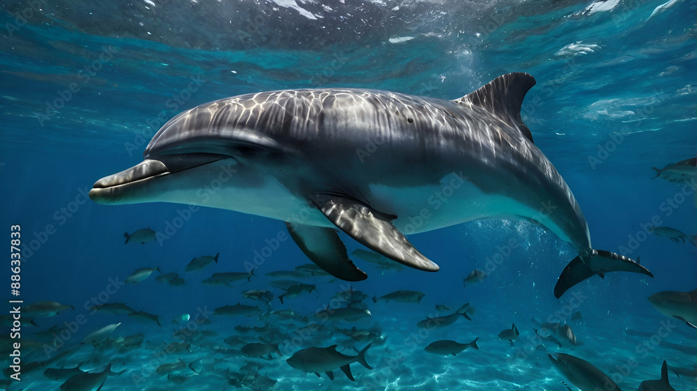 Fototapeta premium dolphin swimming underwater under sea life, sea animals 