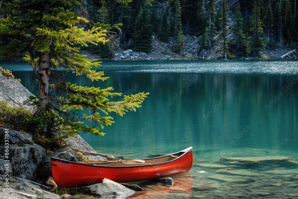 Calm Lake. Red Canoe on Rocky Shore with Pine Trees and Blue Water Calm Lake. Red Canoe on Rocky Shore with Pine Trees and Blue Water