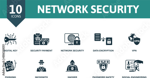 Network Security icon set. Digital Key, Security Payment, Network Security, Data Encryption, Vpn, Phishing, Incognito, Hacher, Password Safety, Social Engineering icons.