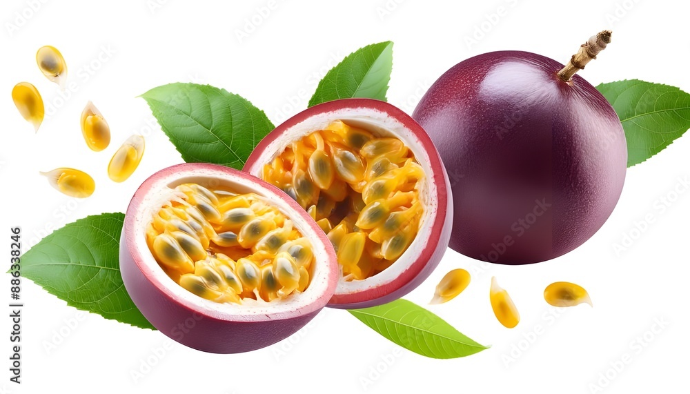 Passion Fruit with half slice and seed falling in the air with leaves isolated on background Passion Fruit with half slice and seed falling in the air with leaves isolated on background