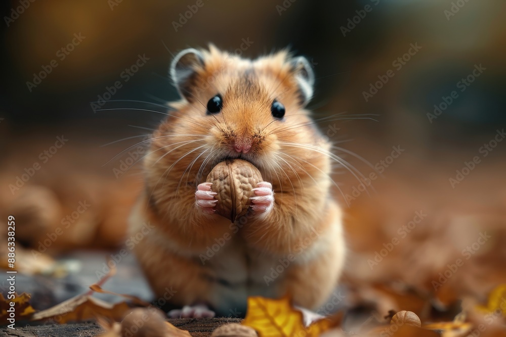 A tiny hamster holding a walnut in its paws, sitting on a soft bed of wood shavings. The hamster's cheeks are puffed up with food A tiny hamster holding a walnut in its paws, sitting on a soft bed of wood shavings. The hamster's cheeks are puffed up with food