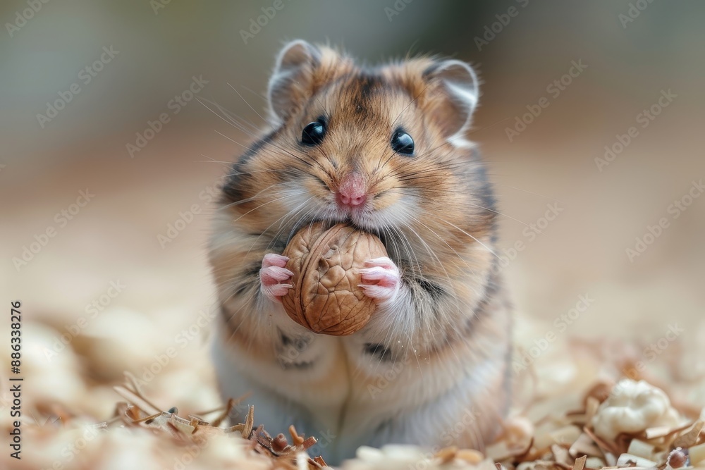 A tiny hamster holding a walnut in its paws, sitting on a soft bed of wood shavings. The hamster's cheeks are puffed up with food A tiny hamster holding a walnut in its paws, sitting on a soft bed of wood shavings. The hamster's cheeks are puffed up with food