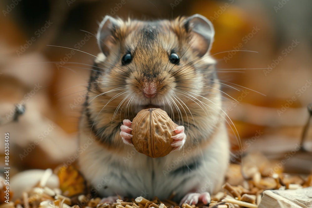 A tiny hamster holding a walnut in its paws, sitting on a soft bed of wood shavings. The hamster's cheeks are puffed up with food 