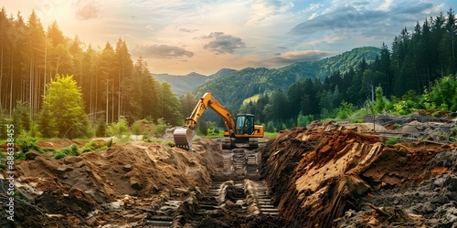 Wallpaper Mural Excavator digging trench for storm drain grid in forested mountain construction site. Concept Construction Equipment, Environmental Conservation, Mountain Landscape, Heavy Machinery Torontodigital.ca