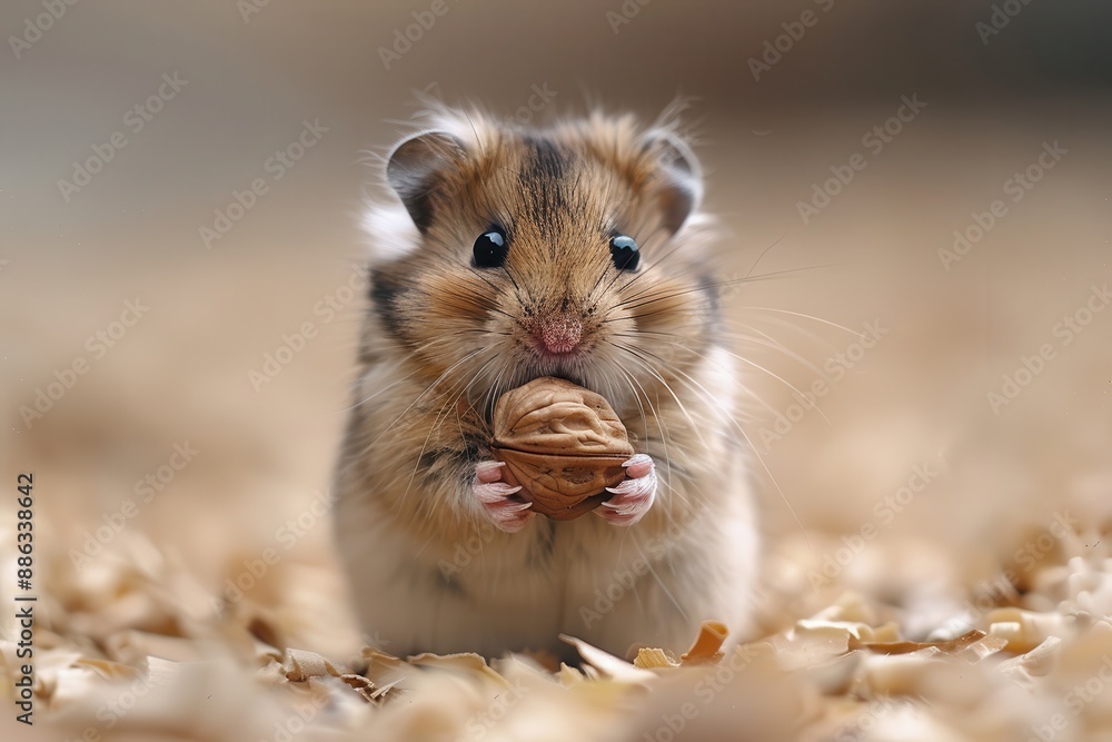 A tiny hamster holding a walnut in its paws, sitting on a soft bed of wood shavings. The hamster's cheeks are puffed up with food A tiny hamster holding a walnut in its paws, sitting on a soft bed of wood shavings. The hamster's cheeks are puffed up with food