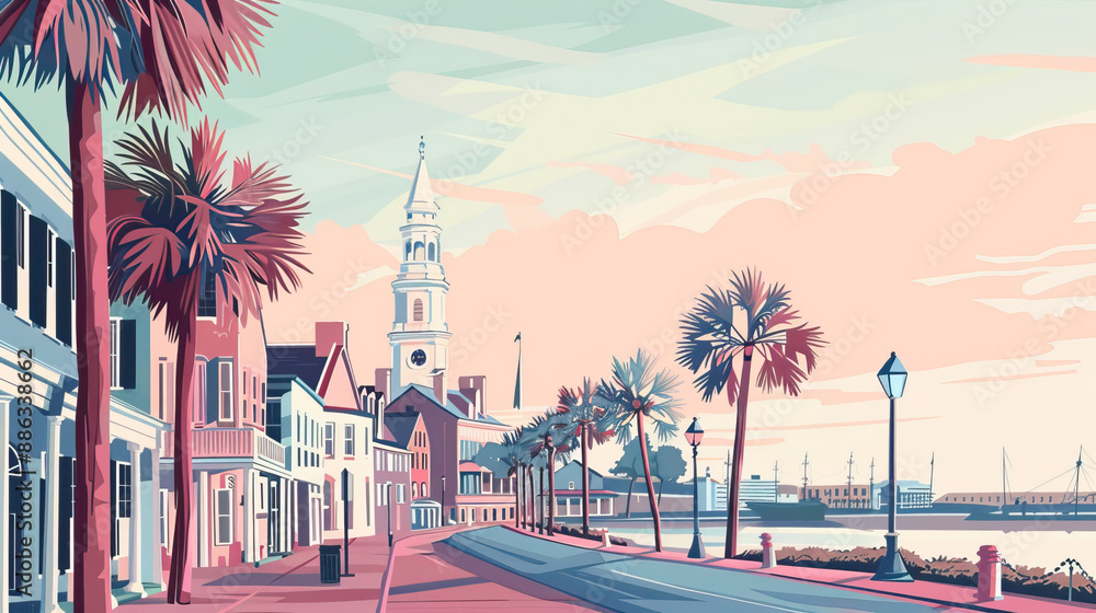 Fototapeta premium Risograph riso print travel poster, card, wallpaper or banner illustration, modern, isolated, clear, simple of Charleston, South Carolina, USA. Artistic, screen printing, stencil