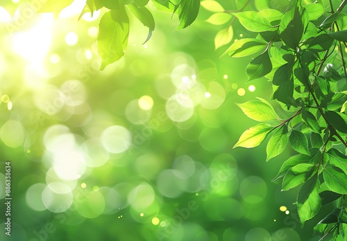 Green Leaves Bokeh Background With Sunlight And Lens Flare