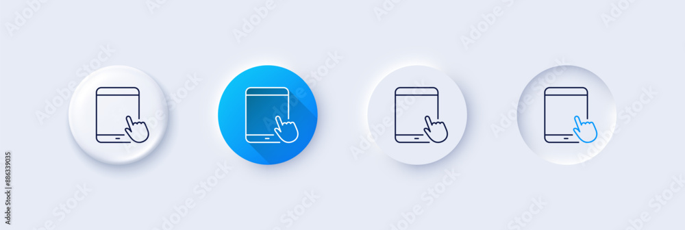 Tablet PC icon. Neumorphic, Blue gradient, 3d pin buttons. Mobile Device with Hand cursor sign. Touchscreen gadget symbols. Line icons. Neumorphic buttons with outline signs. Vector Tablet PC icon. Neumorphic, Blue gradient, 3d pin buttons. Mobile Device with Hand cursor sign. Touchscreen gadget symbols. Line icons. Neumorphic buttons with outline signs. Vector