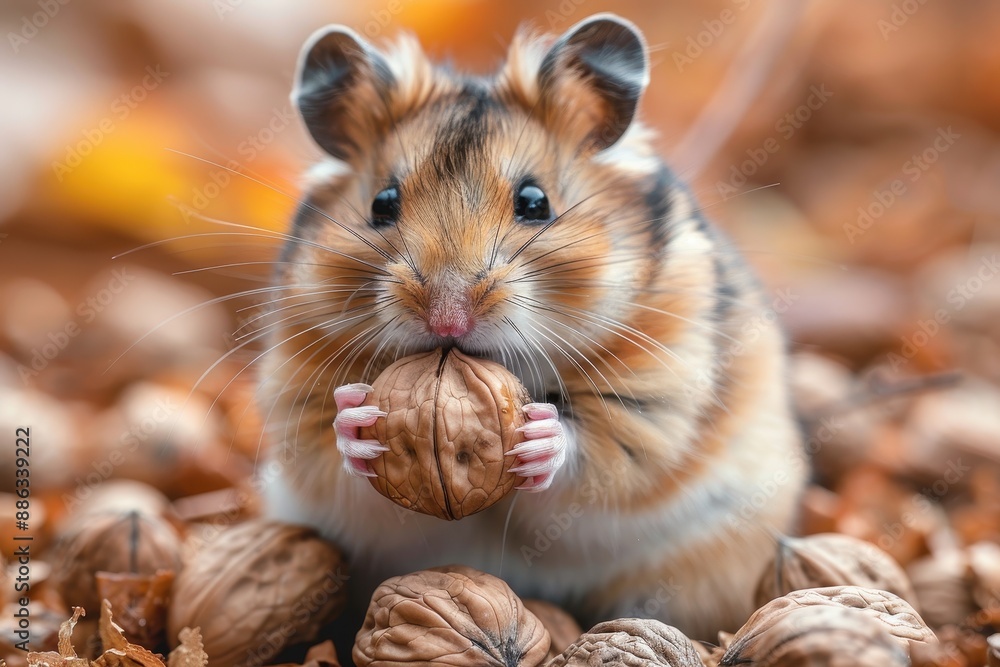 A tiny hamster holding a walnut in its paws, sitting on a soft bed of wood shavings. The hamster's cheeks are puffed up with food A tiny hamster holding a walnut in its paws, sitting on a soft bed of wood shavings. The hamster's cheeks are puffed up with food