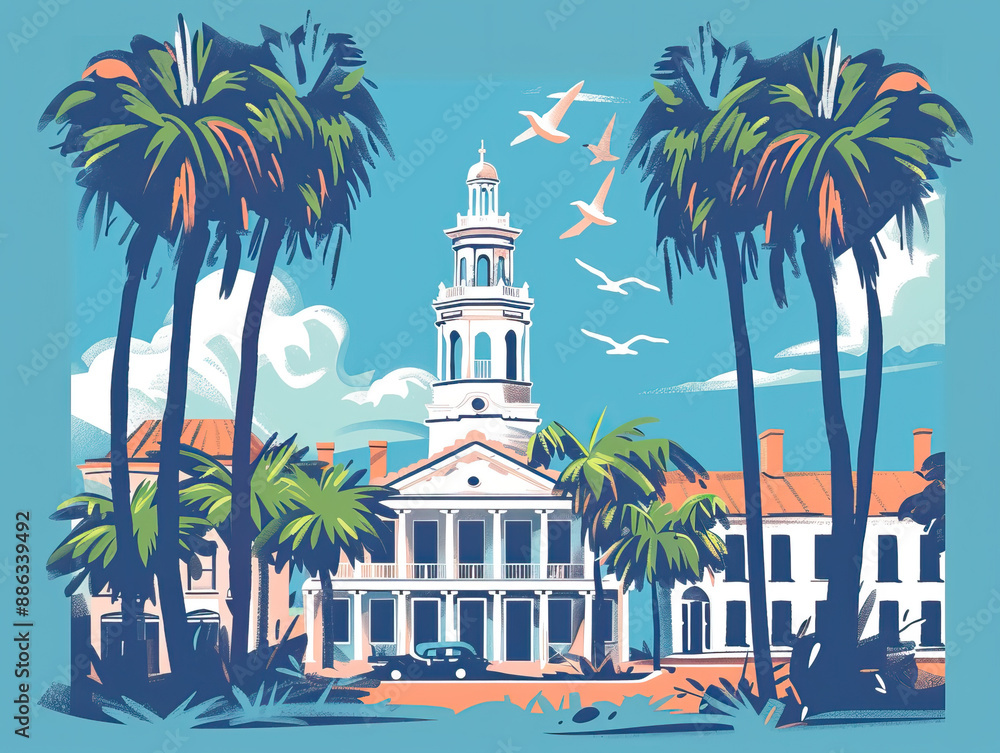 Naklejka premium Risograph riso print travel poster, card, wallpaper or banner illustration, modern, isolated, clear, simple of Charleston, South Carolina, USA. Artistic, screen printing, stencil