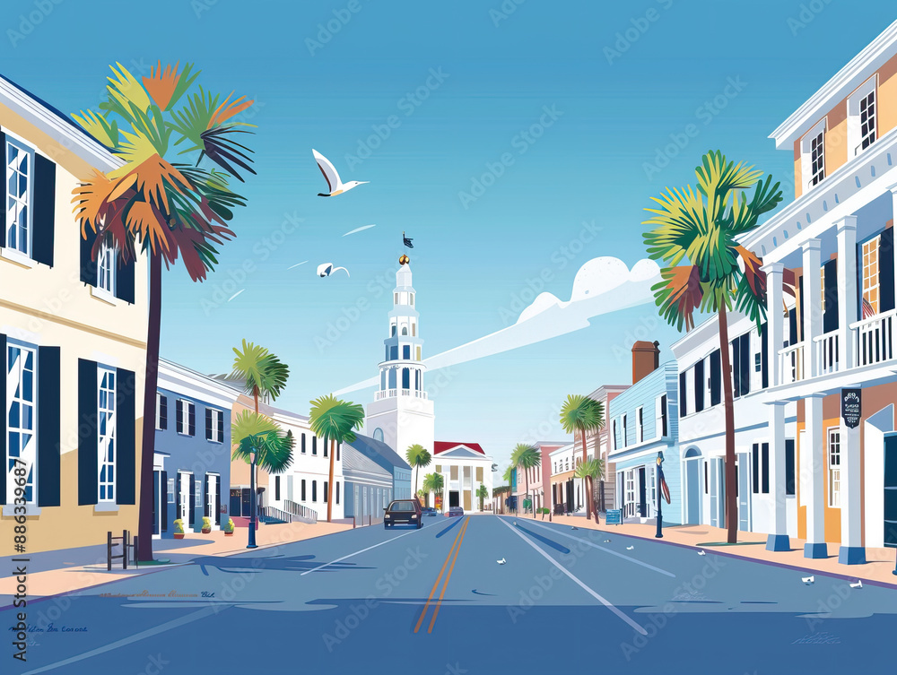 Fototapeta premium Risograph riso print travel poster, card, wallpaper or banner illustration, modern, isolated, clear, simple of Charleston, South Carolina, USA. Artistic, screen printing, stencil