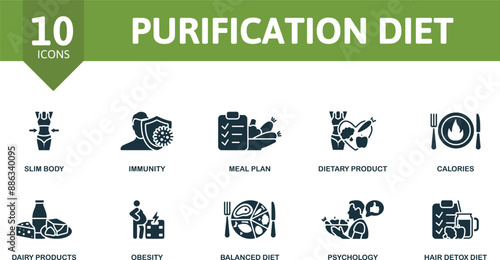 Purification Diet icon set. Slim Body, Immunity, Meal Plan, Dietary Product, Calories, Dairy Products, Odesity, Balanced Diet, Psychology, Detox Diet icons.