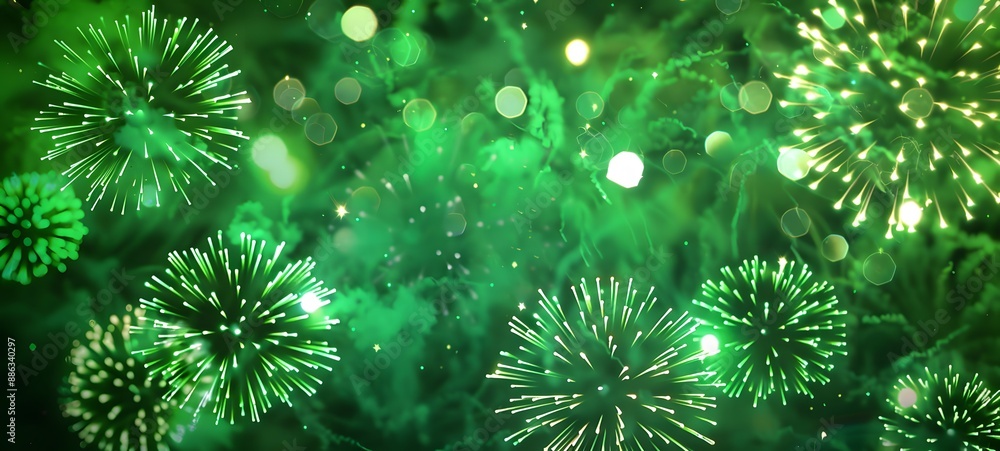 Fototapeta premium Green Fireworks Display In Night Sky