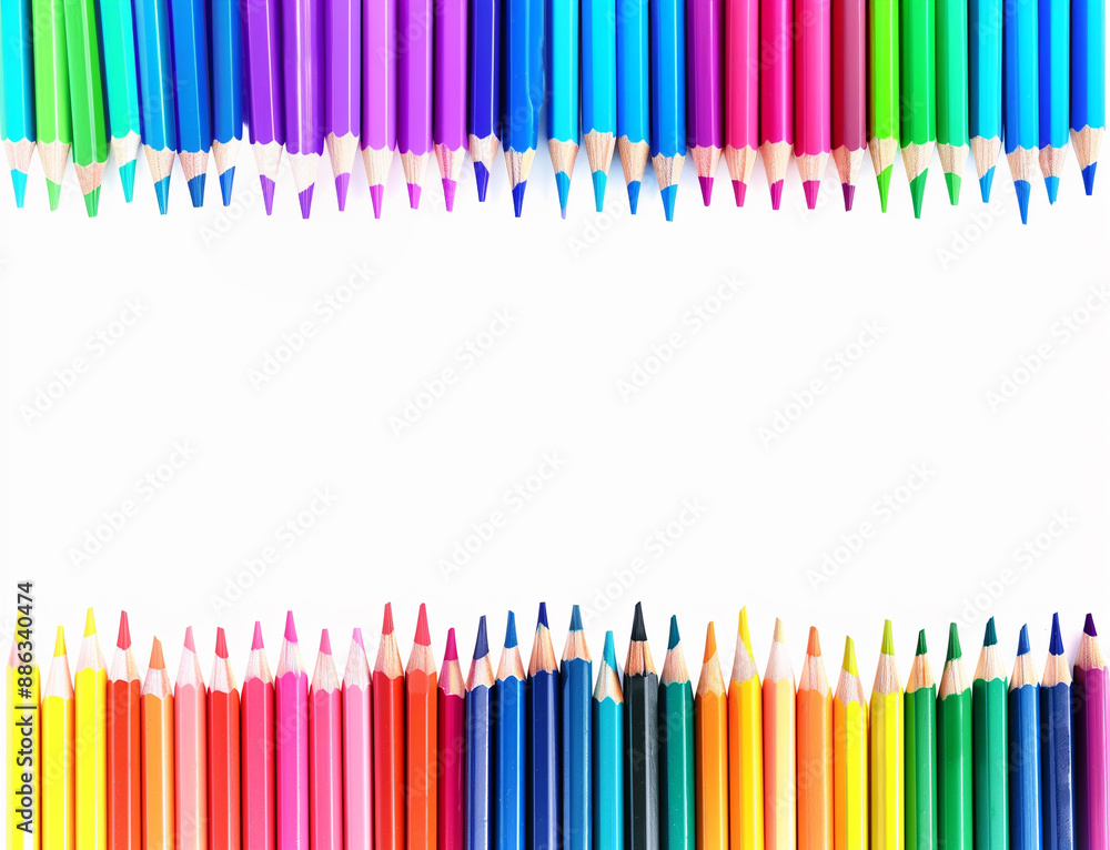 A vibrant row of colourful pencils with a white background A vibrant row of colourful pencils with a white background